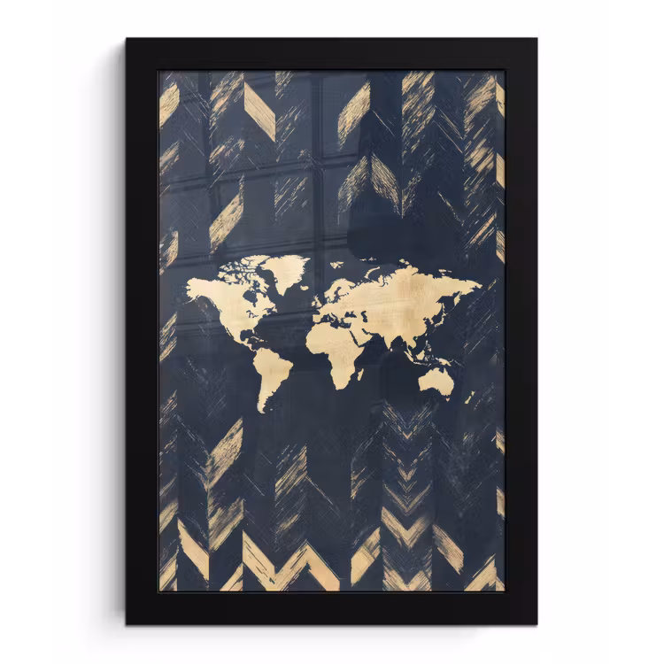 Wereldkaart - Visgraatpatroon - Vintage - Blauw fotolijst zwart zonder passe partout klein -3d
