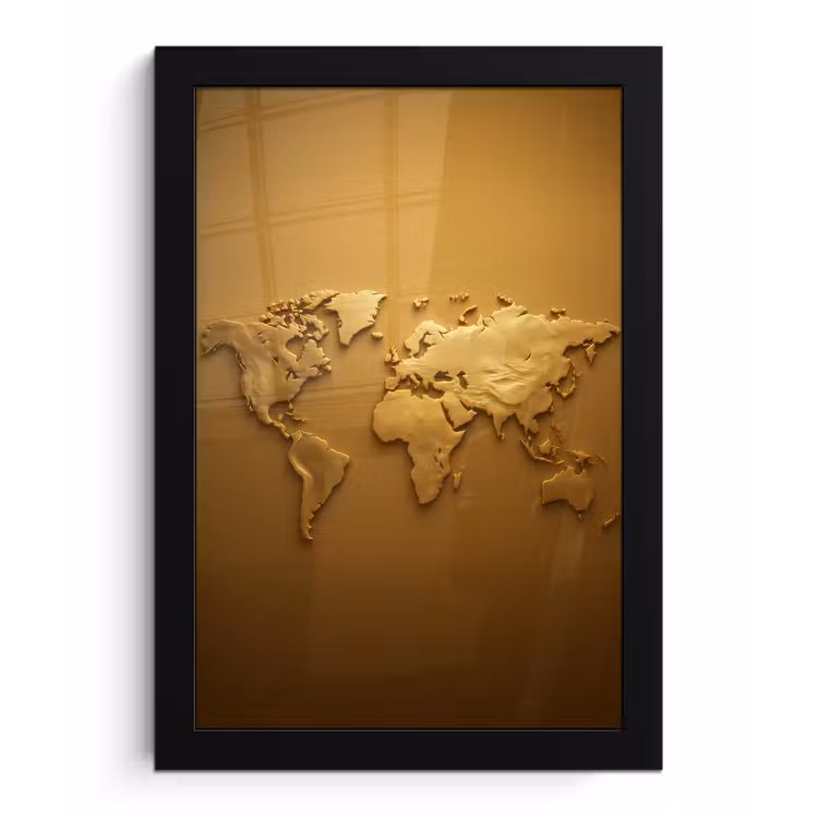 Wereldkaart - Vloeiend - Reliëfachtige wereldkaart fotolijst zwart zonder passe partout klein -3d