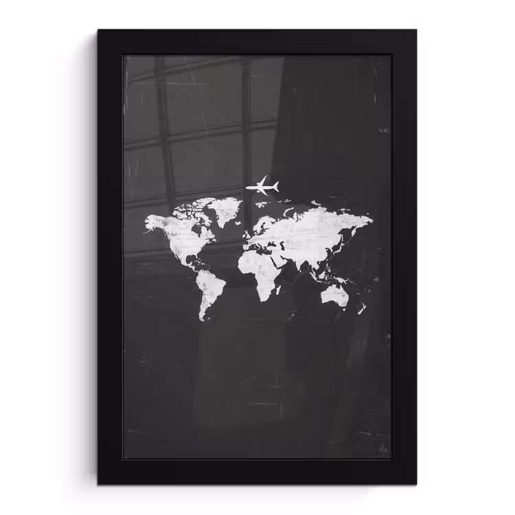 Wereldkaart - Vliegtuig - Zwart - Vintage fotolijst zwart zonder passe partout klein -3d