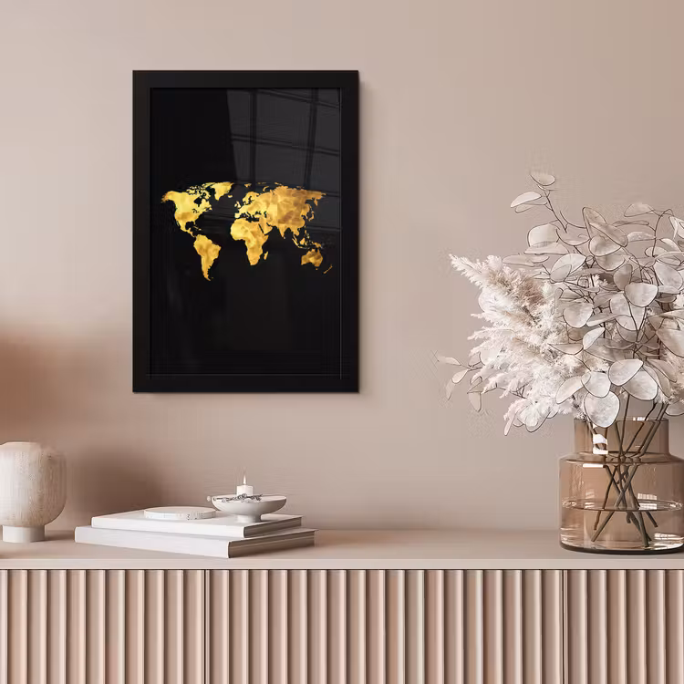 Wereldkaart - Geometrische polygonen - Dynamisch - Zwart fotolijst zwart zonder passe partout klein -sfeer5
