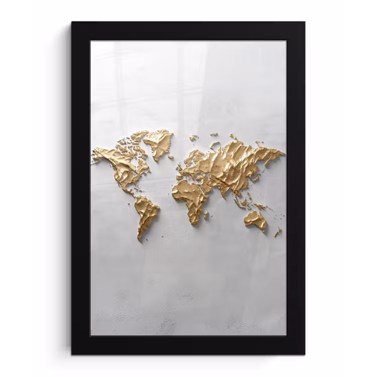 Wereldkaart - Egaal wit - Grof goud fotolijst zwart zonder passe partout klein -3d
