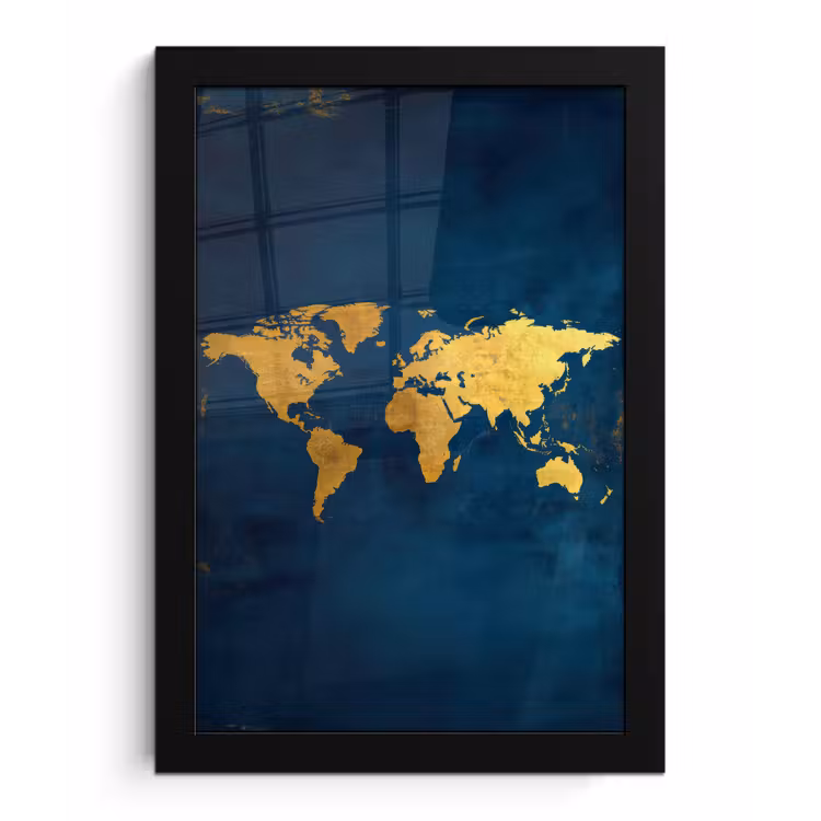 Wereldkaart - Goud - Donkerblauw fotolijst zwart zonder passe partout klein -3d