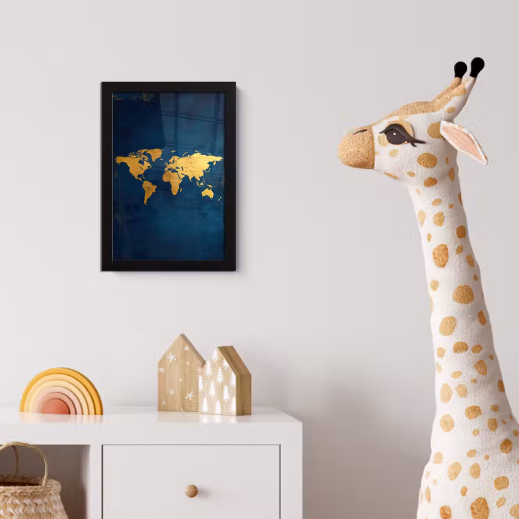 Wereldkaart - Goud - Donkerblauw fotolijst zwart zonder passe partout klein -usfeer4_kinderkamer