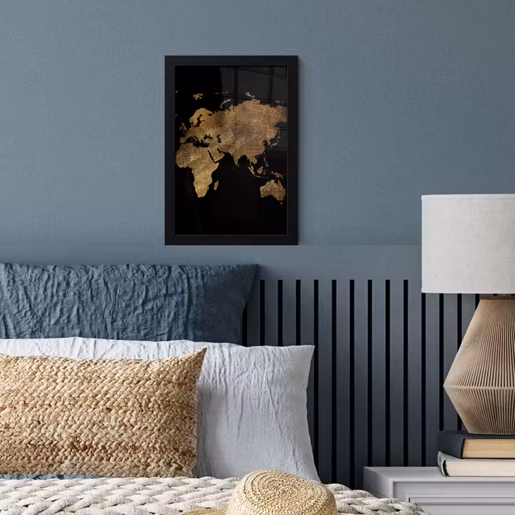 Wereldkaart - Goud - Luxe - Aarde - Zwart fotolijst zwart zonder passe partout klein -sfeer3