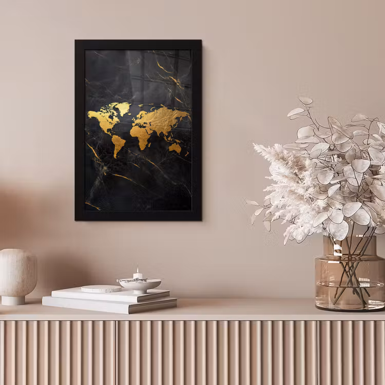 Wereldkaart - Goud - Marmer fotolijst zwart zonder passe partout klein -sfeer5