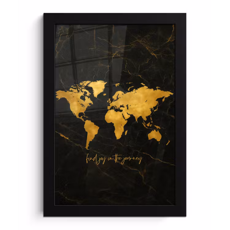 Wereldkaart - Goud - Marmer fotolijst zwart zonder passe partout klein -3d
