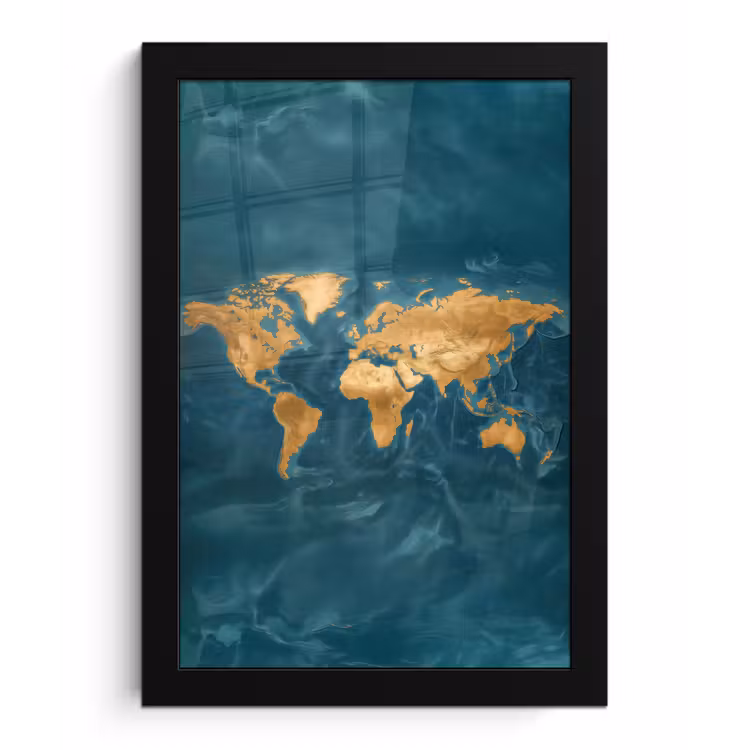 Wereldkaart - Goud - Oceaanblauw fotolijst zwart zonder passe partout klein -3d