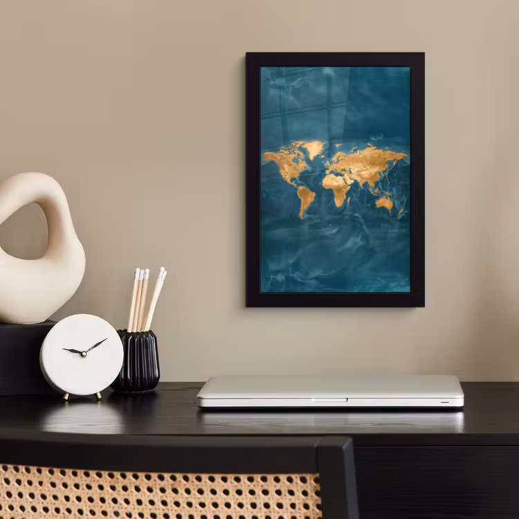 Wereldkaart - Goud - Oceaanblauw fotolijst zwart zonder passe partout klein -sfeer1