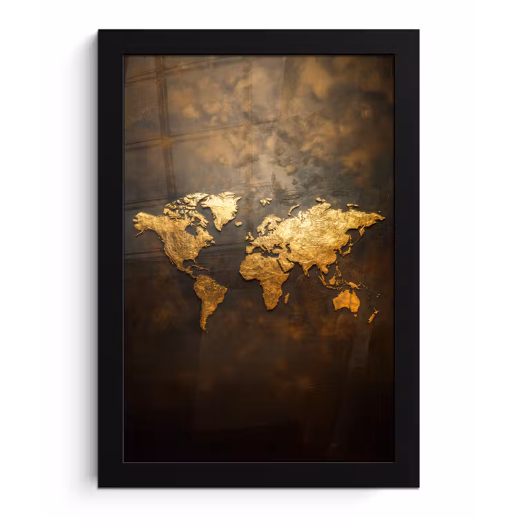 Wereldkaart - Goud - Roest fotolijst zwart zonder passe partout klein -3d