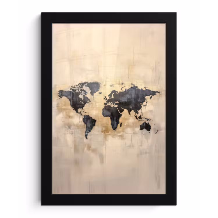 Wereldkaart - Goud - Zwart - Abstract fotolijst zwart zonder passe partout klein -3d
