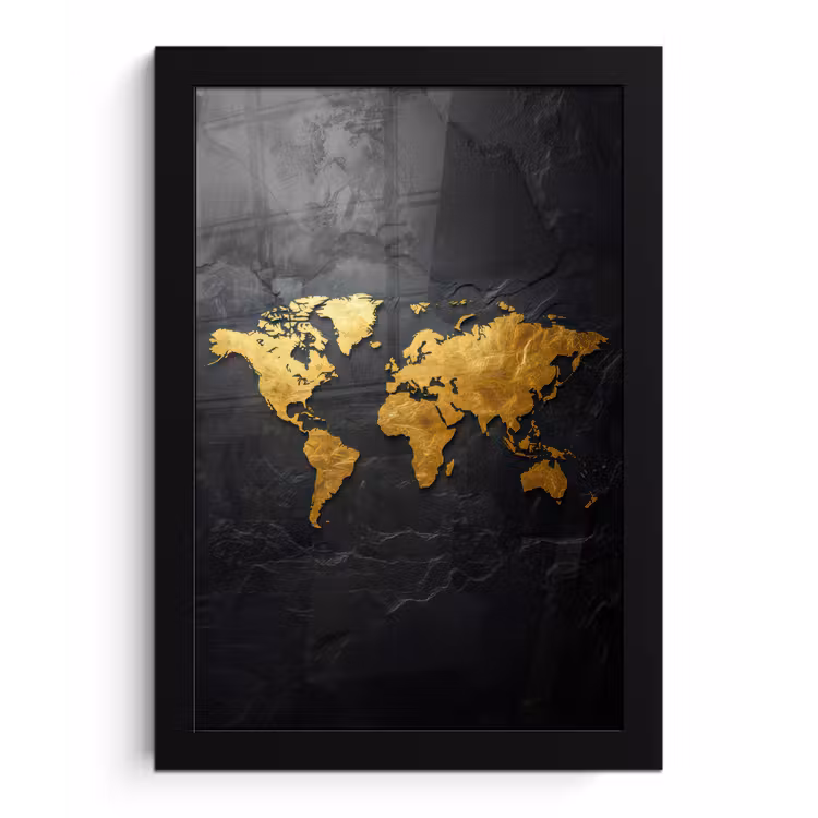 Wereldkaart - Goud - Steen fotolijst zwart zonder passe partout klein -3d