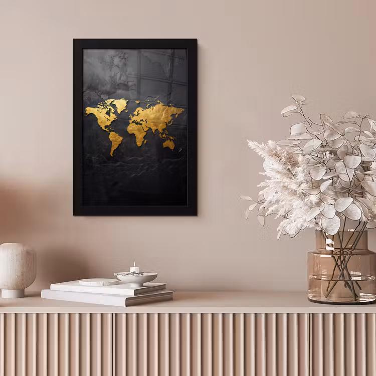 Wereldkaart - Goud - Steen fotolijst zwart zonder passe partout klein -sfeer5