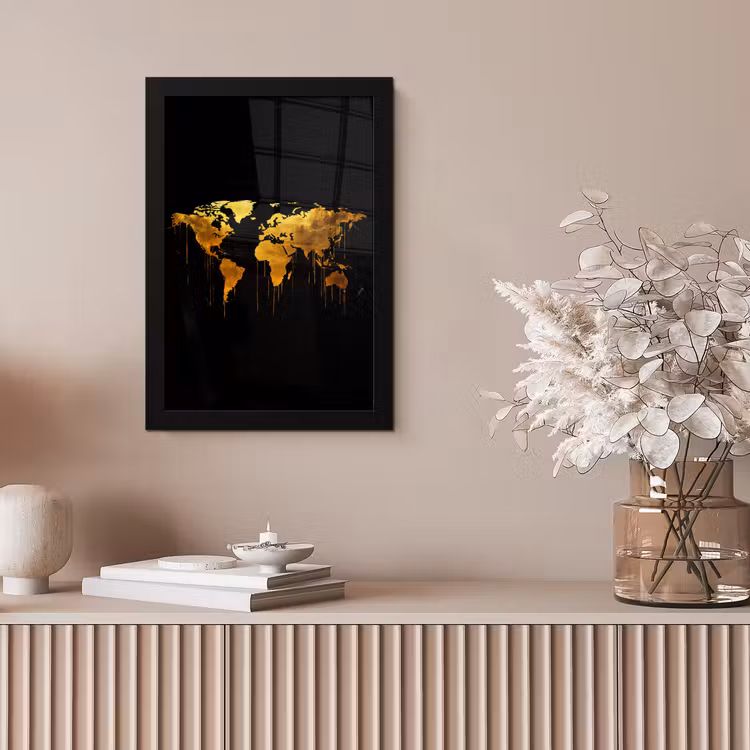 Wereldkaart - Goud - Druipen - Zwart fotolijst zwart zonder passe partout klein -sfeer5