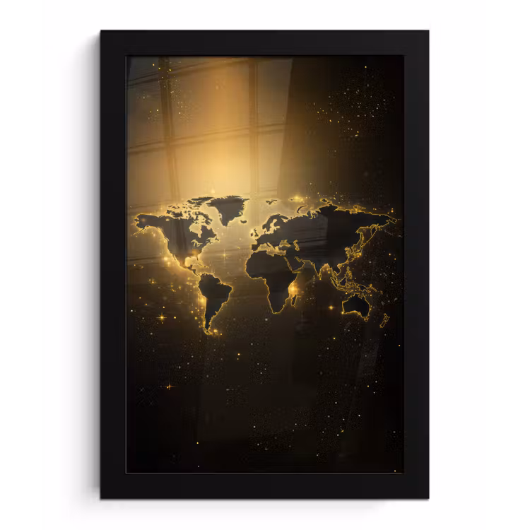 Wereldkaart - Gouden lichten fotolijst zwart zonder passe partout klein -3d