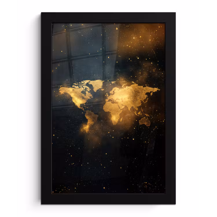 Wereldkaart - Gouden lichtpuntjes - Zwart fotolijst zwart zonder passe partout klein -3d
