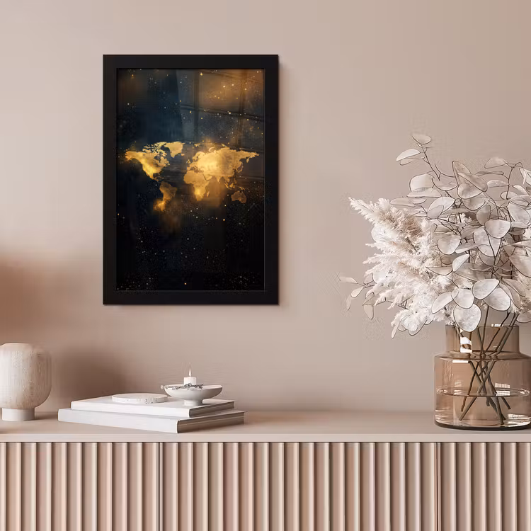 Wereldkaart - Gouden lichtpuntjes - Zwart fotolijst zwart zonder passe partout klein -sfeer5