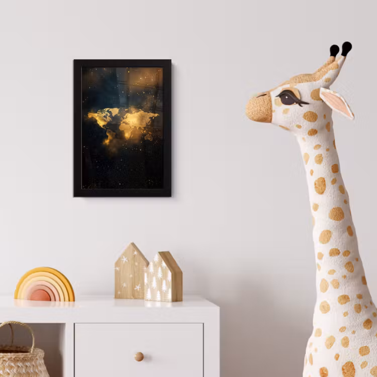 Wereldkaart - Gouden lichtpuntjes - Zwart fotolijst zwart zonder passe partout klein -usfeer4_kinderkamer