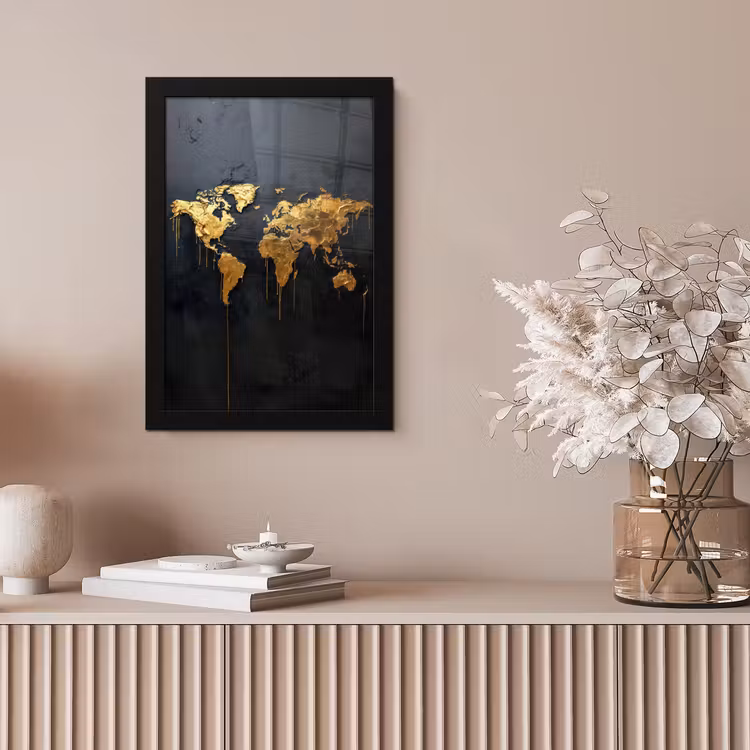 Wereldkaart - Gouden verf - Druppels - Zwart fotolijst zwart zonder passe partout klein -sfeer5