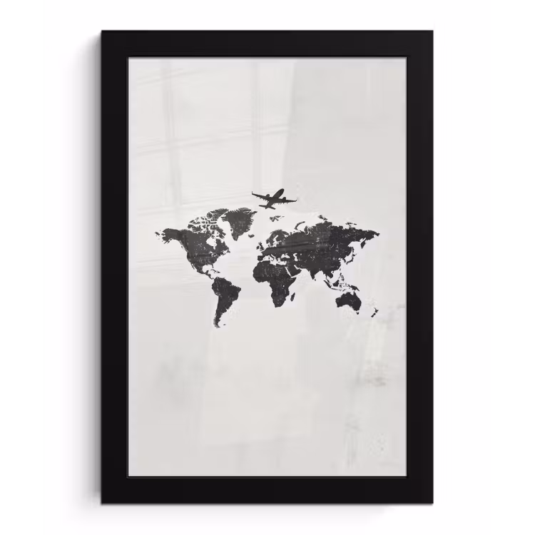 Wereldkaart - Grijs - Zwart - Vliegtuig fotolijst zwart zonder passe partout klein -3d