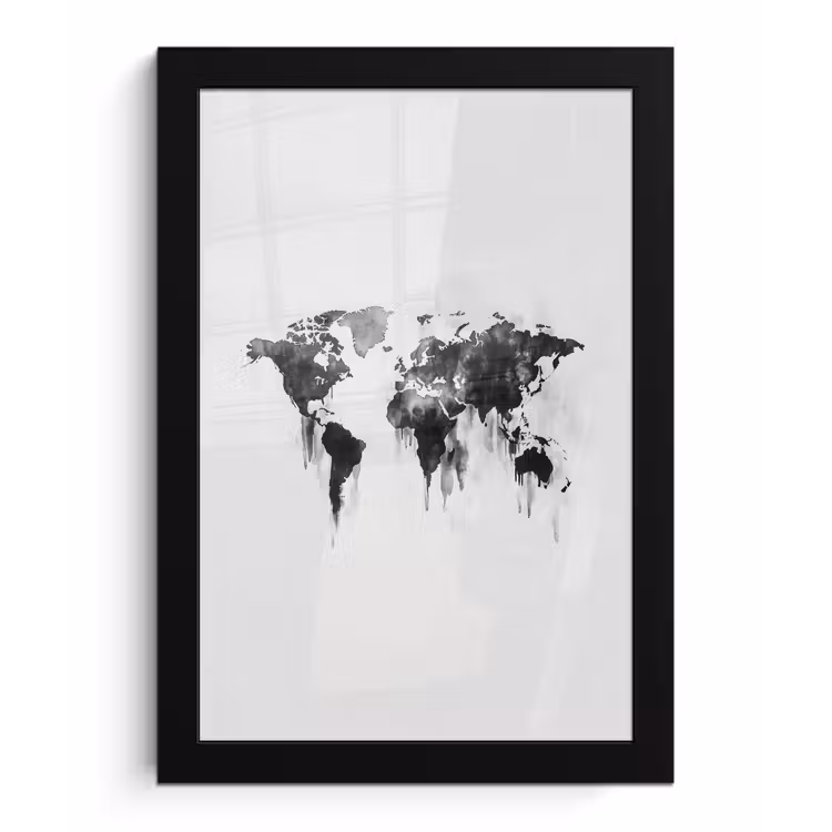Wereldkaart - Grijs - Zwart - Inkt fotolijst zwart zonder passe partout klein -3d