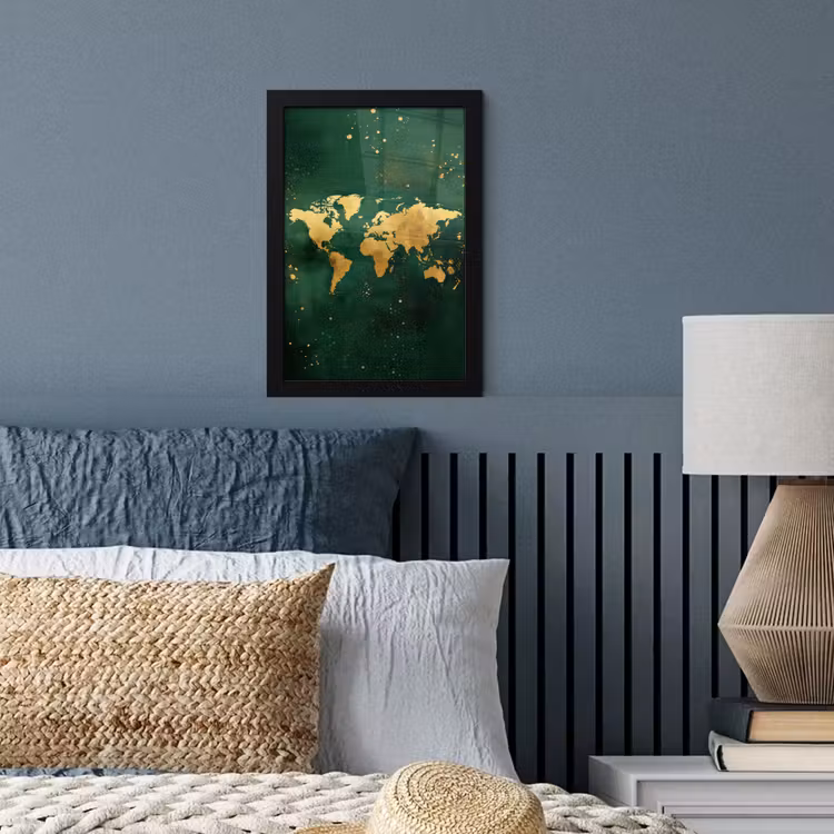 Wereldkaart - Groen - Goud fotolijst zwart zonder passe partout klein -sfeer3