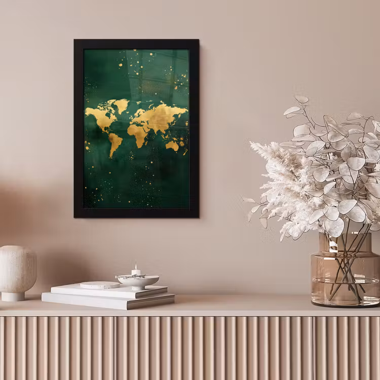 Wereldkaart - Groen - Goud fotolijst zwart zonder passe partout klein -sfeer5