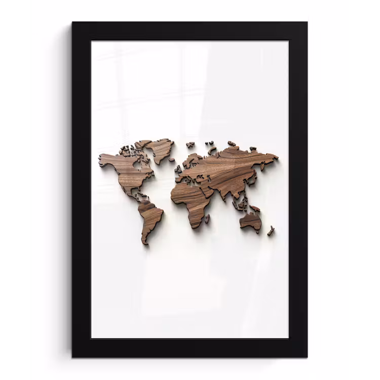 Wereldkaart - Hout - Elegant fotolijst zwart zonder passe partout klein -3d