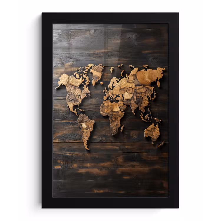 Wereldkaart - Hout - Mozaïek fotolijst zwart zonder passe partout klein -3d