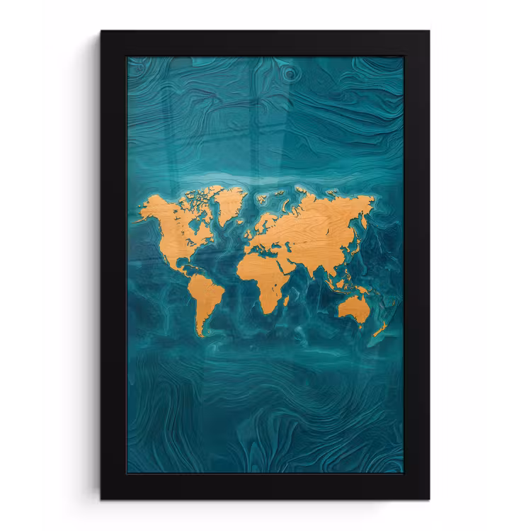 Wereldkaart - Houtsnede - Turkooisblauw fotolijst zwart zonder passe partout klein -3d