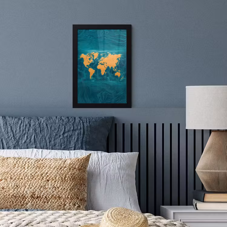 Wereldkaart - Houtsnede - Turkooisblauw fotolijst zwart zonder passe partout klein -sfeer3
