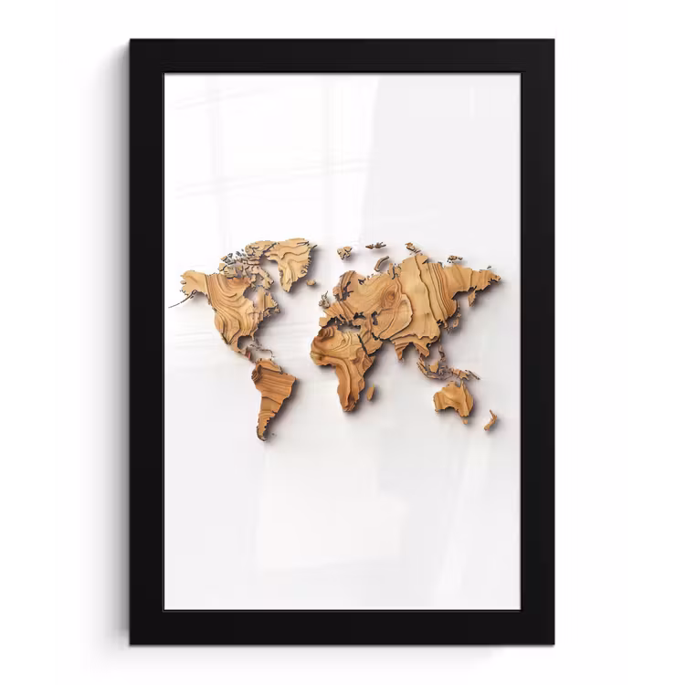 Wereldkaart - Houtstructuur - Artistiek fotolijst zwart zonder passe partout klein -3d