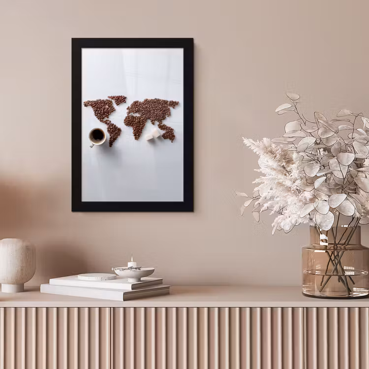 Wereldkaart - Koffiebonen - Suikerklontjes fotolijst zwart zonder passe partout klein -sfeer5