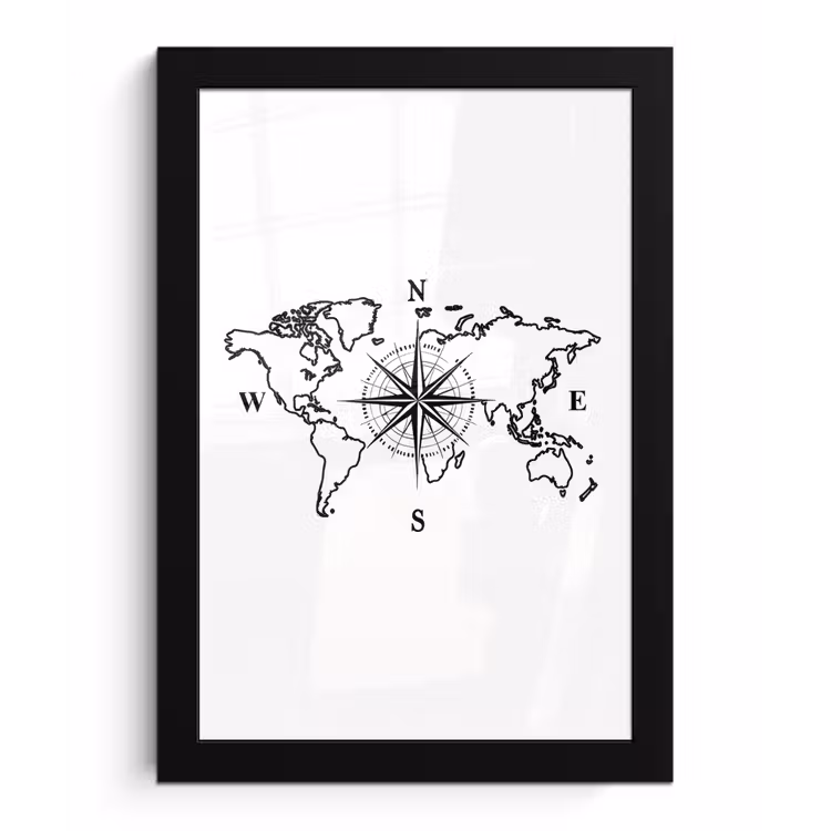 Wereldkaart - Kompas - Minimalistisch fotolijst zwart zonder passe partout klein -3d