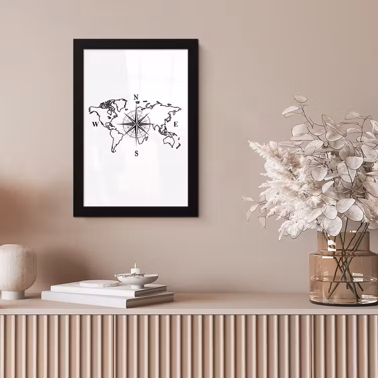 Wereldkaart - Kompas - Minimalistisch fotolijst zwart zonder passe partout klein -sfeer5