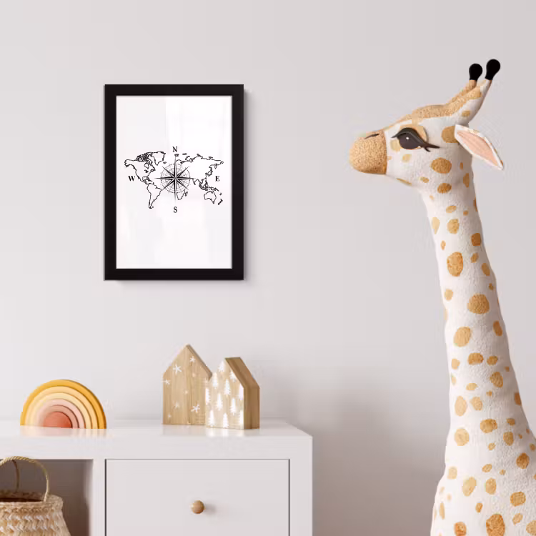 Wereldkaart - Kompas - Minimalistisch fotolijst zwart zonder passe partout klein -usfeer4_kinderkamer