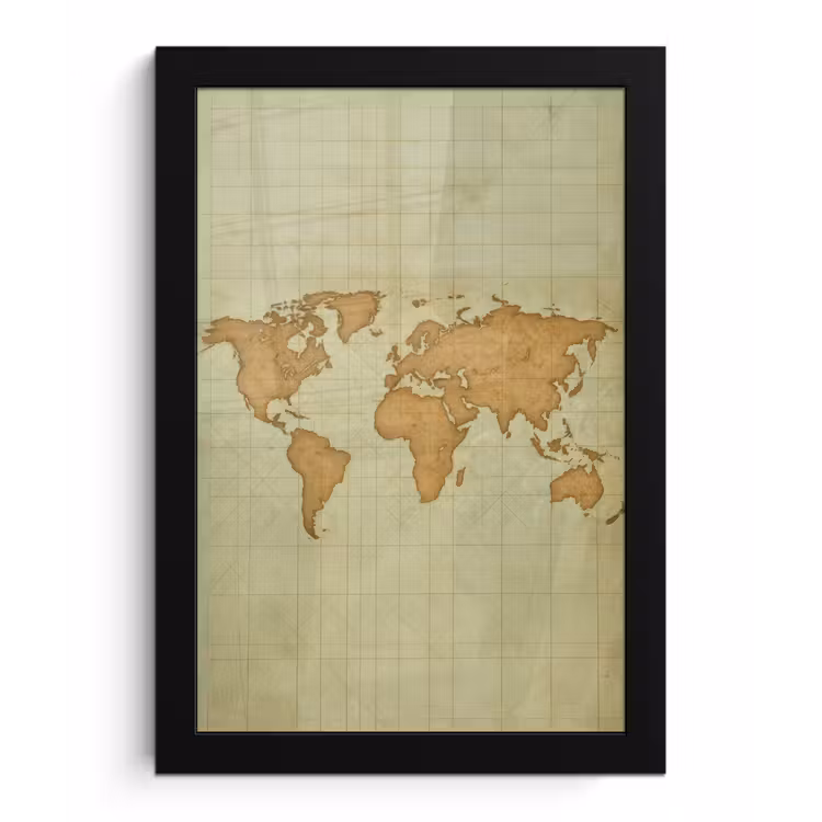 Wereldkaart - Kompasraster -Ruw fotolijst zwart zonder passe partout klein -3d