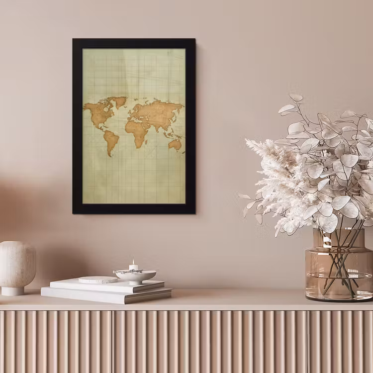 Wereldkaart - Kompasraster -Ruw fotolijst zwart zonder passe partout klein -sfeer5