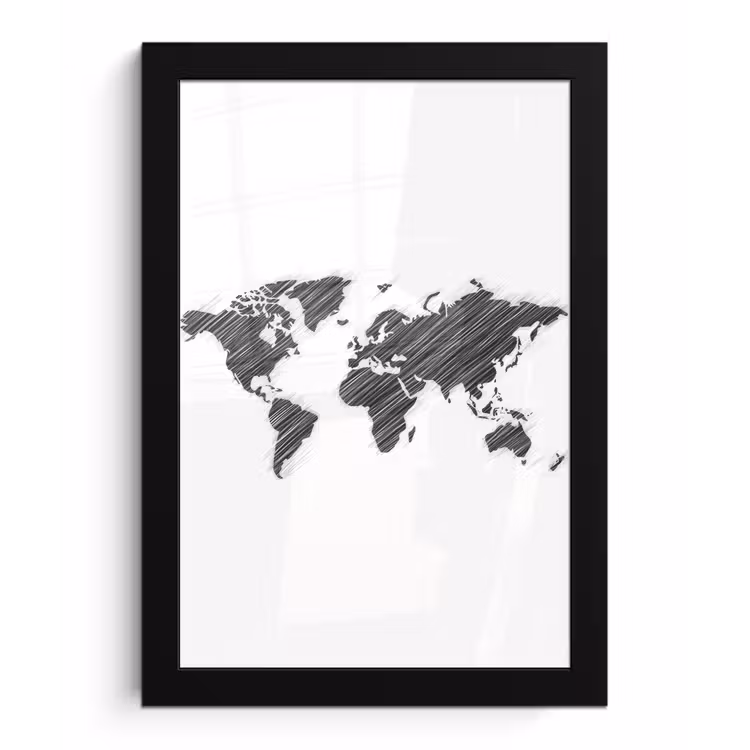 Wereldkaart - Contrast - Lijnen fotolijst zwart zonder passe partout klein -3d