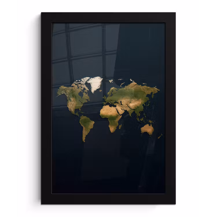 Wereldkaart - Contrast - Minimalistisch - Blauw fotolijst zwart zonder passe partout klein -3d