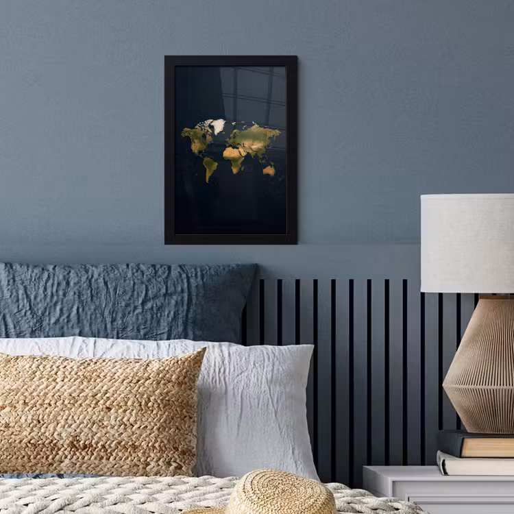 Wereldkaart - Contrast - Minimalistisch - Blauw fotolijst zwart zonder passe partout klein -sfeer3