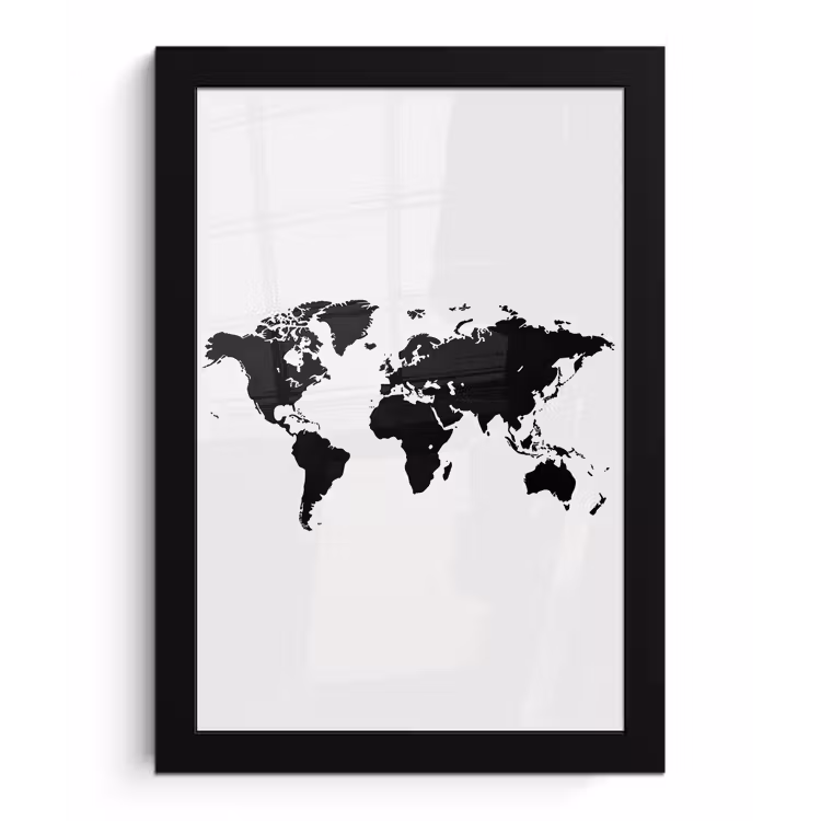 Wereldkaart - Contrast - Zwart - Wit fotolijst zwart zonder passe partout klein -3d