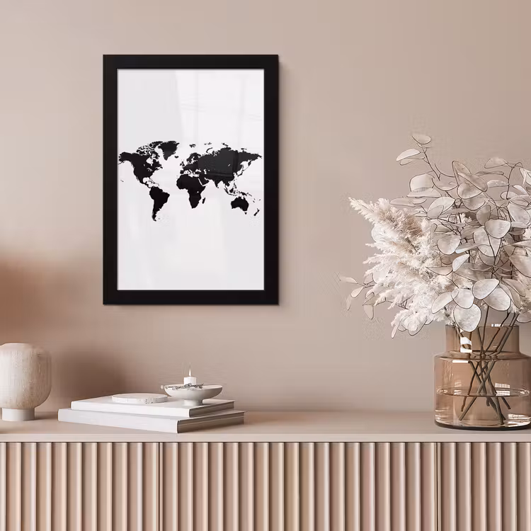 Wereldkaart - Contrast - Zwart - Wit fotolijst zwart zonder passe partout klein -sfeer5
