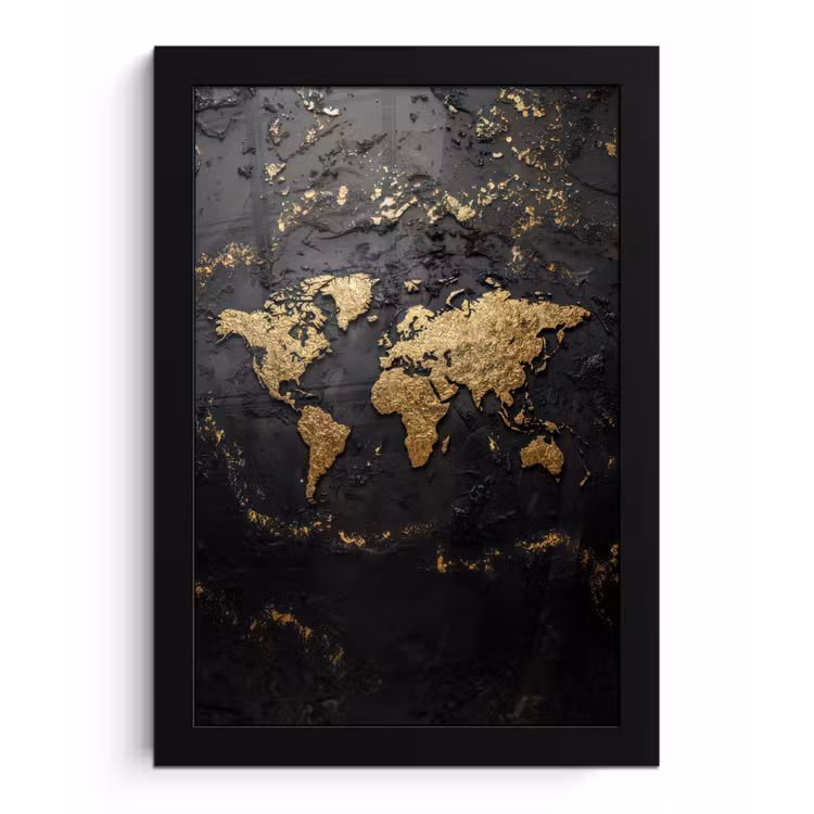 Wereldkaart - Korrelige textuur - Subtiel fotolijst zwart zonder passe partout klein -3d