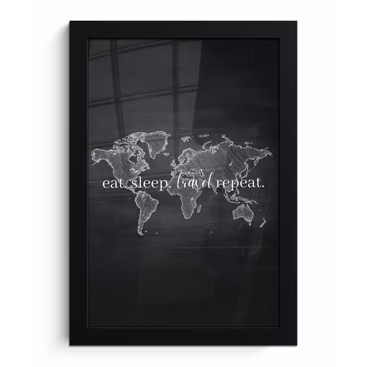 Wereldkaart - Krijt - Quote - Zwart fotolijst zwart zonder passe partout klein -3d