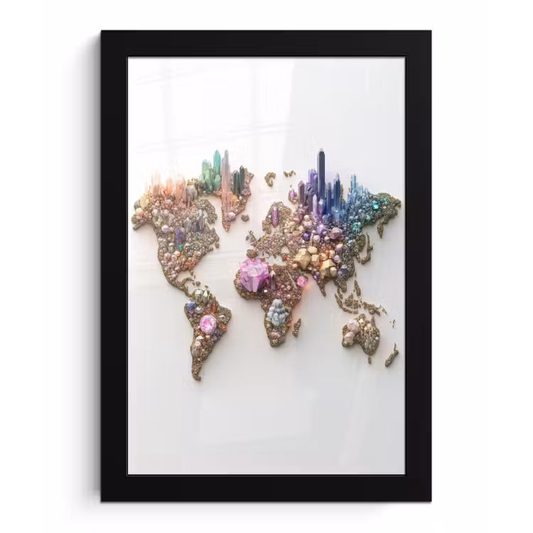 Wereldkaart - Kristallen - Unieke tinten fotolijst zwart zonder passe partout klein -3d