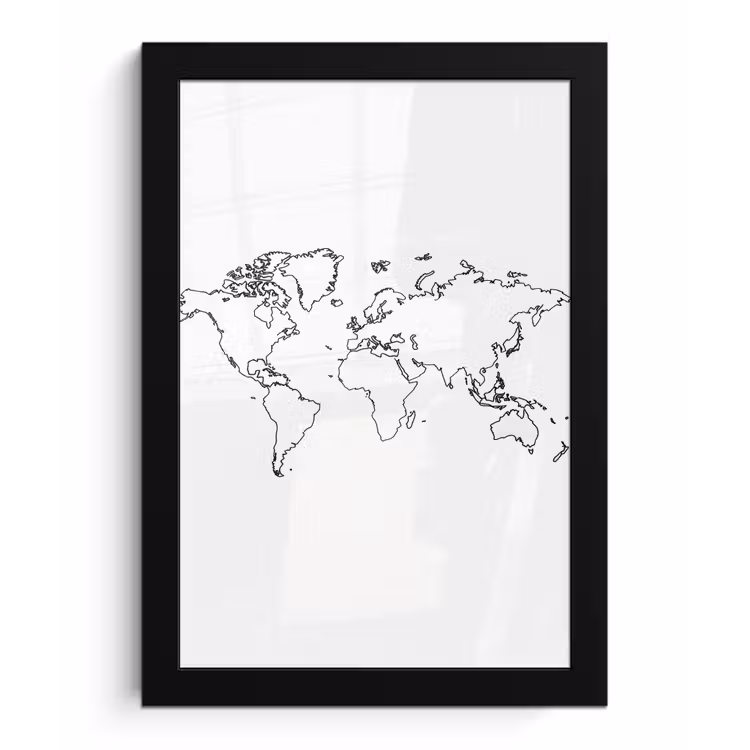 Wereldkaart - Lijnen - Wit fotolijst zwart zonder passe partout klein -3d