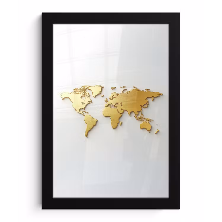 Wereldkaart - Luxe uitstraling - Glanzend goud fotolijst zwart zonder passe partout klein -3d