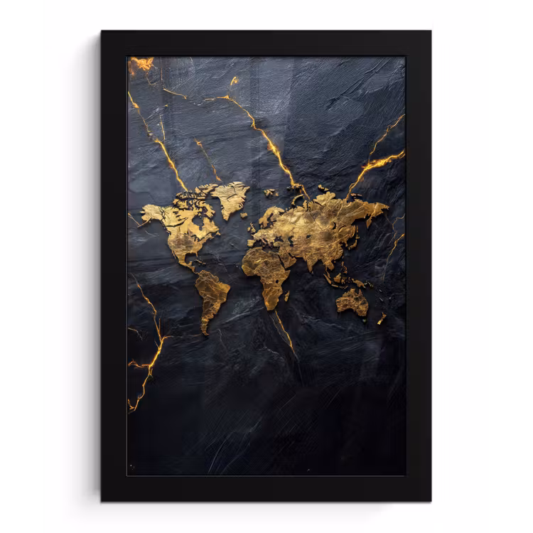 Wereldkaart - Marmer - Vurige lijnen fotolijst zwart zonder passe partout klein -3d