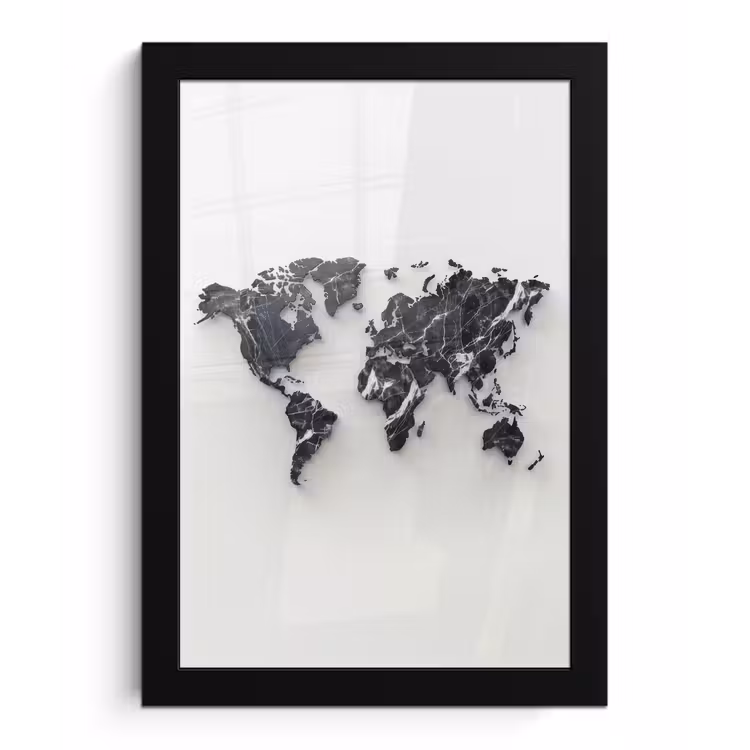 Wereldkaart - Marmer - Modern fotolijst zwart zonder passe partout klein -3d