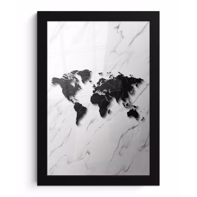 Wereldkaart - Marmer - Wit - Zwart fotolijst zwart zonder passe partout klein -3d